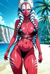 ai_generated alien armlet ass_visible_through_thighs beach bikini black_bikini blue_sky bracelet breasts brown_eyes cleavage clothing cloud colored_skin day female female_only jewelry large_breasts long_hair looking_at_viewer navel necklace ocean orange_skin outdoors palm_tree pink_skin red_skin shaak_ti shiny_skin sky solo standing star_wars swimsuit tentacle_hair thebear0001 thick_lips thighs tree water