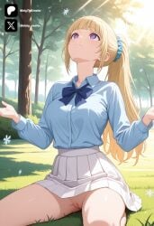 1futa 1girl ai_generated big_breasts blonde_hair blue_bow blue_bowtie blue_scrunchie blue_shirt blunt_bangs blush bow bowtie breasts classroom_of_the_elite cleft_of_venus closed_mouth cock collared_shirt colored day dick dress_shirt erection from_front front_view futa_only futanari futanari/female futanarization grass hair_ornament hair_scrunchie hands_up karuizawa_kei large_breasts light_skin light_skinned_futanari long_hair long_sleeves looking_up medium_breasts nature nickythecreator no_panties outdoors penis pleated_skirt ponytail purple_eyes pussy school_uniform scrunchie sexy sexy_body sexy_pose shirt shirt_tucked_in sidelocks sitting skirt solo sunlight testicles thighs tits tree uncensored veiny_penis wariza white_skirt youkoso_jitsuryoku_shijou_shugi_no_kyoushitsu_e