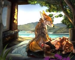 african_wild_dog animal_genitalia animal_vulva anthro anthro_on_feral anthro_penetrating anthro_penetrating_feral black_body black_fur blue_body blue_eyes blue_fur bodily_fluids brown_body brown_fur canid canine canine_genitalia canine_vulva canis claws clover_(mint-oreo) cum cum_inside detailed_background digital_media_(artwork) duo erection feet female female_penetrated feral feral_penetrated from_front_position fur genital_fluids genitals green_eyes grey_body grey_fur hair hi_res interspecies jackal kascizpear knot larger_male lying male male/female male_on_feral male_penetrating male_penetrating_female male_penetrating_feral mammal missionary_position nude on_back orgasm outside pawpads paws penetration penile penile_penetration penis plant selix sex size_difference smaller_female smile tail tan_body tan_fur toes tuft vaginal_penetration vulva water white_body white_fur zoophilia