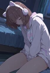 1girls ai_generated animal_ear_headphones animal_ears bed bedroom brown_hair cat_ear_headphones closed_mouth depressed depression fake_animal_ears female female_masturbation female_only hand_between_legs headphones hood hood_down hooded_jacket ikizulive!_love_live!_bluebird illustrious_(stable_diffusion) implied_masturbation indoors jacket long_sleeves love_live! masturbation milua night pussy pussy_juice sasaki_shion self_upload shirt short_hair sitting solo solo_female wai-nsfw-illustrious-sdxl window