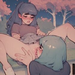 2girls ai_generated blush bottomless bottomless_female demianvegatrax female female/female female_only lesbian lesbian_couple lesbian_sex miniskirt multiple_girls park public pussy shaved_pussy spread_legs tagme watermark yuri