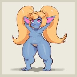 blonde_hair blue_body blue_nipples blue_skin breasts eyelashes female genitals hair hairy_vulva hangedc humanoid league_of_legends long_hair nipples not_furry nude pink_eyes poppy pubes pussy riot_games simple_background small_breasts solo standing tencent thick_thighs twintails_(hairstyle) vulva white_background wide_hips yordle