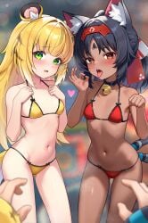 2girls amber_eyes animal_ears animal_tail aviary bell_choker bikini blowjob_gesture blush cat_tail catgirl dark-skinned_female dark_skin green_eyes hi_res ju_fufu looking_at_viewer nekomiya_mana red_bikini wet_pussy yellow_bikini zenless_zone_zero