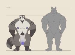 4_toes abs anthro areola arm_markings balls bara biceps big_balls big_muscles big_nipples big_pecs big_penis biped black_claws canid canine canis claws closed_smile comparing countershade_face countershade_fur countershade_torso countershading deltoids digital_drawing_(artwork) digital_media_(artwork) dot_eyes duo facial_markings featureless_crotch feet fingerless_(marking) fingerless_gloves_(marking) fingers fist flaccid flat_colors foreskin front_view full-length_portrait fur fur_markings genitals glans gloves_(marking) grey_body grey_fur grey_pubes handwritten_text head_markings hi_res huge_balls huge_cock huge_muscles humanoid_genitalia humanoid_hands humanoid_penis hyper hyper_muscles imperial_unit larger_anthro larger_male leg_markings looking_at_viewer looking_forward male male_anthro mammal manly markings mask_(marking) measurements metric_unit mouth_closed multicolored_body multicolored_fur muscles muscular muscular_anthro muscular_male navel nipples nude nude_anthro nude_male number pecs penis plantigrade portrait procyonid pubes purple_areola purple_eyes purple_glans purple_nipples purple_nose quads raccoon retracted_foreskin ring_(marking) ringed_tail shoulder_markings silhouette simple_background simple_eyes size_difference smaller_anthro smaller_male smile socks_(marking) standing stated_height striped_markings striped_tail stripes tail tail_markings text theor toe_claws toeless_(marking) toeless_socks_(marking) toes trapezius triceps uncircumcised v-cut vein veiny_penis white_balls white_body white_countershading white_fur yaoi