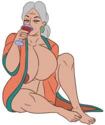 big_areola big_ass big_breasts big_nipples breasts discreenvision drunk earrings feet female game_cg grandma_diana_(discreenvision) grandmother hair_bun inusen milf older_female the_secret_of_the_house white_hair