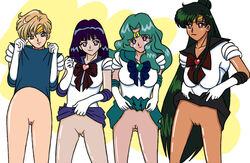 4girls bishoujo_senshi_sailor_moon clothing eddie_m.d female female_only green_hair haruka_tenou hotaru_tomoe michiru_kaiou multiple_girls no_panties pussy sailor_neptune sailor_pluto sailor_saturn sailor_uranus school_uniform setsuna_meiou skirt skirt_lift small_breasts