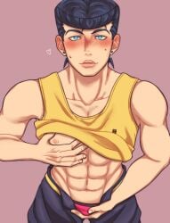 1boy blue_eyes blush chest_grab crotch_grab diamond_is_unbreakable jojo's_bizarre_adventure josuke_higashikata looking_pleasured male male_nipples male_only muscular muscular_male unbuttoned_pants unzipped_pants