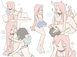2girls @_@ alien_stage animal_collar black_hair blue_bow blue_bra blue_panties bound_wrists breasts coldmeow dog_ears dog_girl dog_tail green_eyes leash mizi_(alien_stage) pink_hair sua_(alien_stage) white_bra white_panties wrist_bow yuri