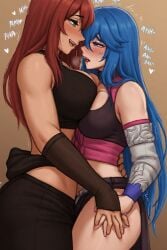 2d_(artwork) 2girls ai_art ai_generated big_breasts blue_hair breasts breasts_squeezed_together clothed clothing female green_eyes hand_on_ass hand_on_hip heavy_breathing holding_hands long_hair original original_character purple_eyes red_hair romantic romantic_couple rubbing sweat taller_girl yuri