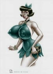 areola ass betty_rubble black_hair blue_eyes breasts female female_only hanna-barbera human milf nipples purse red_lips red_lipstick rinaldi solo the_flintstones