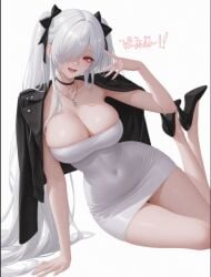 1girls ai_generated big_breasts breasts chanquazz cinderella_(nikke) female female_only fingers hair_over_one_eye high_heels huge_breasts jacket_on_shoulders looking_at_viewer nikke red_eyes simple_background solo tied white_background white_dress white_hair