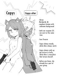 5_fingers alternate_form animal_ears athletic athletic_female back-to-back blush breasts capybara capys-chan_(kuro_jelly) caviid convenient_censorship covering covering_crotch cute_fangs dark_hair duo ear_piercing ear_ring english_text erect_nipples fangs female fingers flat_chested genitals grin gun handgun hi_res holding_gun holding_object holding_ranged_weapon holding_weapon human humanoid hybrid kurojelly light_body light_hair light_skin looking_at_viewer mammal masochism model_sheet navel nipples nude piercing pistol pubes ranged_weapon revolver ring_piercing rodent sky slim small_breasts small_mouth smile teeth text trigger_discipline vulva weapon