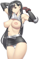 black_hair breasts female female_only final_fantasy final_fantasy_vii huge_breasts human kansuke long_hair midriff miniskirt mouth_hold nipples no_bra panties pantyshot red_eyes shirt_lift skirt solo straight_hair suspenders tifa_lockhart underwear white_panties