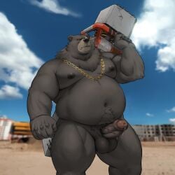 1boy animal_ears bara bare_pectorals bear_boy bear_ears belly ben_bigger biceps brown_fur chain_necklace chains claws commentary_request completely_nude covered_testicles erection fat foreskin furry furry_male gold_necklace highres holding holding_weapon jewelry male_focus navel necklace nipples nude pectorals penis photo_background plump precum rossciaco scar scar_across_eye scar_on_face veins veiny_penis weapon zenless_zone_zero