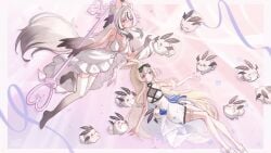 2girls blonde_hair blue_eyes bow breasts dress large_breasts long_hair multiple_girls smile thighhighs very_long_hair vyugen white_dress white_legwear yenko