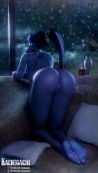 ass back barefoot bikini blue_hair blue_skin breasts feet female from_behind hair_ornament head_mounted_display long_hair lying night on_side overwatch overwatch_2 ponytail purple_skin sideboob skin_tight sky soles solo swimsuit tattoo thong thong_bikini toes topless watercraft watermark web_address widowmaker