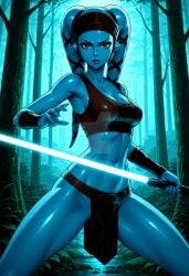 aayla_secura ai_generated alien bandana blue_skin bracer breasts brown_eyes cleavage clothing colored_skin crop_top energy_sword female female_only forest headband holding holding_sword holding_weapon lightsaber lips loincloth looking_at_viewer medium_breasts midriff nature navel outdoors pelvic_curtain pointy_ears reverse_grip science_fiction serious shiny_skin solo sports_bra star_wars sword thebear0001 thighs toned tree twintails weapon