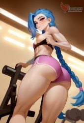 1girls 2d ai_generated areolae ass big_ass bike_shorts blue_hair braid breasts erophoenix female female_focus full_body gym jinx_(league_of_legends) league_of_legends long_hair looking_at_viewer looking_back nipples nude pale_skinned_female patreon_username shoes small_breasts socks solo solo_female sweat thick thick_thighs twin_braids uncensored