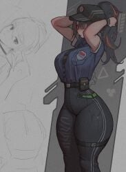 1girls big_breasts black_hair black_legwear black_pants blush brown_eyes clothing clozzy01 female film_grain grey_background high-waist_pants highres jacket legs_together long_hair pants solo thick_thighs thighs tight_clothes tight_pants tomboy wide_hips zenless_zone_zero zhu_yuan
