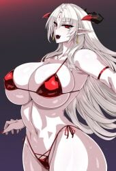 albino big_breasts bikini breasts demon demon_girl demon_horns earrings face_markings facial_mark facial_markings fangs female female_focus female_only horns long_hair long_hair_female oninoe original pale-skinned_female pale_skin pointy_ears red_bikini red_eyes sharp_teeth solo solo_female solo_focus sweat sweatdrop sweating sweaty sweaty_body white_background white_hair white_skin