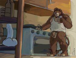 2023 anthro appliance ass balls biceps biped bottle bottomless brown_body brown_fur brown_mane cabinet cellphone clothed clothing container cooking cookware countershade_fur countershading digital_media_(artwork) dildo electronics eyebrows felid flaccid foreskin frying_pan fur genitals hi_res holding_cellphone holding_object holding_phone holding_smartphone humanoid_dildo humanoid_genitalia humanoid_penis inside kitchen kitchen_appliance kitchen_utensils lion low-angle_view male mammal mane muscular muscular_anthro muscular_male muscular_thighs open_mouth oven pantherine pecs penis phone pubes quads roolthelion rudo_(character) sex_toy shirt smartphone solo standing tail tail_tuft tan_body tan_countershading tan_fur tank_top teeth thick_thighs tongue tools topwear tuft uncircumcised yellow_sclera