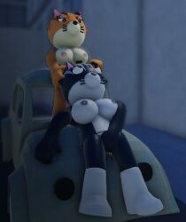 3d black_fur breasts car duo eyelashes feline fingering katie_(piggy) kitty_(piggy) kneehighs lactating lactation nikkipickle orange_fur piggy_(game) vagina