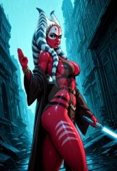 ahsoka_tano ai_generated alien ass black_robe blue_eyes bracelet breasts clothing colored_skin energy_sword female female_only holding holding_sword holding_weapon jewelry large_breasts leg_tattoo lightsaber lips looking_at_viewer medium_breasts navel orange_skin outdoors pelvic_curtain rain red_skin robe shaak_ti shiny_skin sideboob solo standing star_wars sword tattoo tentacle_hair thebear0001 thighs weapon white_hair