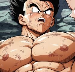 1boy abs ai_generated black_eyes black_hair chest dragon_ball dragon_ball_super dragon_ball_z faggot gay gohan homosexual incorrect_information_on_post male muscles muscular muscular_male nipples open_mouth pecs saiyan son_gohan