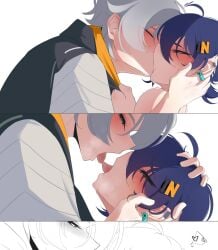 1boy 1boy1girl 1girls 2koma belle_(zenless_zone_zero) blue_hair blush brother_and_sister doll_dol1 female grey_hair head_grab highres incest kissing official_alternate_costume short_hair siblings sweat tongue tongue_kiss unfinished wip wise_(peaceful_waves)_(zenless_zone_zero) wise_(zenless_zone_zero) work_in_progress zenless_zone_zero