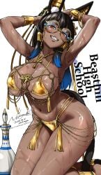 1girls ancient_egyptian animal_ears ankh ankh_necklace anubis artist_name bikini black_hair blue_eyeshadow blush bracelet breasts cleavage dark-skinned_female dark_skin egyptian_mythology eyeshadow fanbox_username fangs female female_only glasses gold gold_eyes gold_jewelry gradient_hair hair_ornament jewelry long_hair long_tail looking_at_viewer makeup nekoguchi original simple_background skindentation solo swimsuit tail wet_skin white_background