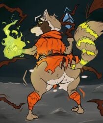2025 ambiguous_gender anthro ass barefoot bello_(magic:_the_gathering) big_butt brown_body brown_fur clothing digital_media_(artwork) feet fluffydonuts fur hasbro hi_res holding_object holding_staff looking_back magic magic:_the_gathering male_(lore) mammal open_mouth plantigrade procyonid raccoon rear_view simple_background solo staff standing surprised tail torn_clothing twig wide_hips wizards_of_the_coast