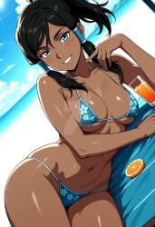 ai_generated alternate_costume avatar_the_last_airbender bare_shoulders beach beach_towel bikini black_hair blue_bikini blue_eyes blue_sky blue_swimsuit blush breasts cleavage clothing cloud collarbone cup dark-skinned_female dark_skin day drinking_glass female female_only floral_print food fruit grin hair_tubes horizon juice korra large_breasts long_hair looking_at_viewer lying medium_breasts navel ocean on_side orange_(fruit) orange_slice outdoors ponytail print_bikini sand shiny_skin sidelocks sky smile solo stomach string_bikini sunlight swimsuit teeth the_legend_of_korra thebear0001 thighs towel water
