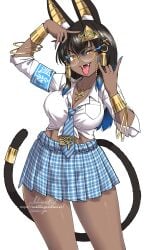 1girls amesuku_gyaru ancient_egyptian ancient_egyptian_clothes animal_ear_fluff animal_ears ankh ankh_necklace anubis armband artist_name black_hair blue_nails blue_necktie blue_shirt blush bracelet breasts cleavage clipboard collared_shirt dark-skinned_female dark_skin egyptian_mythology fanbox_username fangs female female_only glasses gold gold_bracelet gold_eyes gradient_hair gyaru hair_ornament holding holding_clipboard holding_pen jackal_ears jackal_tail jewelry kogal long_hair long_tail looking_at_viewer medium_breasts nail_polish necktie nekoguchi open_mouth original pen plaid_clothes plaid_skirt school_uniform shirt signature simple_background skirt skirt_rolled_up smile solo striped_necktie tail tail_ornament tied_shirt tongue tongue_out tsurime white_background white_shirt x_hair_ornament yellow-framed_eyewear
