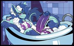 absurd_res anthro balls bath bathing bathtub big_balls big_breasts big_penis blue_body blue_fur blue_hair blush breasts bubble bubble_bath circumcised detailed_background digital_media_(artwork) dragon ear_piercing ear_ring erection fur furred_dragon furred_scalie furry futanari genitals hair hi_res huge_balls huge_cock hyper hyper_balls hyper_genitalia hyper_penis inner_ear_fluff intersex juice_(juicecreature) looking_at_viewer markings mythological_creature mythological_scalie mythology neck_tuft nipples nude penis piercing purple_body purple_markings purple_sclera ring_piercing scalie smile solo sparkibarki tail tuft vein veiny_penis water