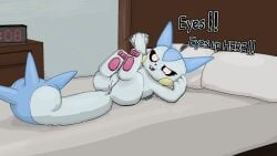 2025 3_fingers angry anthro anus ass bed bedroom blush clock comic_sans dated digital_media_(artwork) feet female fingers fur furniture generation_4_pokemon genitals gesture half-closed_eyes hanzowo hi_res hindpaw looking_at_viewer lying mammal narrowed_eyes nintendo on_back open_mouth pachirisu pawpads paws pillow pokemon pokemon_(species) pussy rodent sciurid short_stack solo spiked_tail spikes spikes_(anatomy) squirrel_tail tail talking_to_viewer text toes tree_squirrel vulva watermark waving waving_at_viewer white_body white_fur