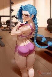 1girls 2d ai_generated areolae ass big_ass bike_shorts blue_hair braid breasts erophoenix female female_focus full_body gym jinx_(league_of_legends) league_of_legends long_hair looking_at_viewer looking_back nipples nude pale_skinned_female patreon_username shoes small_breasts socks solo solo_female sweat thick thick_thighs twin_braids uncensored