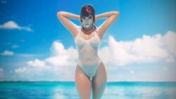 1girls 3d armpits arms_up beach blender breasts cameltoe covered_navel dark-skinned_female dark_skin egyptian female female_only highres leotard long_hair medium_breasts nipples overwatch pharah see-through solo swimsuit wet wet_clothes white_leotard yeero