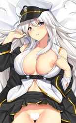 ass_visible_through_thighs azur_lane bed_sheet belt black_coat blush breasts censored closed_eyes collarbone dakimakura enterprise_(azur_lane) female hair_between_eyes hat heart heart_censor large_breasts long_hair looking_at_viewer nipples no_bra no_panties parted_lips peaked_cap purple_eyes skirt skirt_lift solo thigh_gap tony_guisado very_long_hair white_hair