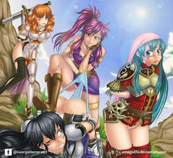 4girls aqua_hair armored_dress arms_behind_back ass ayra_(fire_emblem) battle black_hair blue_eyes blue_panties bondage boots bound_hands bullying celica_(fire_emblem) clothes clothes_removed clothes_stuck_on_object eirika_(fire_emblem) female femsub fingerless_gloves fire_emblem fire_emblem:_genealogy_of_the_holy_war fire_emblem:_the_sacred_stones fire_emblem_echoes:_shadows_of_valentia fire_emblem_gaiden fully_clothed long_hair marisa_(fire_emblem) medium_breasts mountain multiple_girls multiple_subs no_pants omegalife orange_eyes orange_hair panties panty_pull pink_panties purple_eyes purple_hair sky sword twintails underwear wedgie white_panties