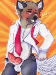 aggressive_retsuko anthro blush clothing erection haida hyena male male_only mammal penis sanrio smooth_fur strive