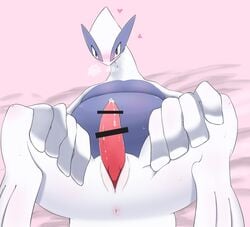 1boy 2018 amedama12321 animal_genitalia anus avian bed belly blue_eyes blue_skin blush breath censor_bar censored cum cum_on_penis erection feral genital_slit hand_on_leg heart heavy_breathing legendary_pokémon long_neck looking_at_viewer lugia male male_only nintendo no_nipples on_back on_bed penis pokemon pokemon_(species) pokemon_gsc precum presenting simple_background slightly_chubby slit solo spread_legs spreading sweat tapering_penis video_games wet white_skin wings