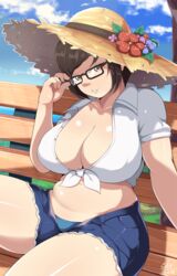 adjusting_eyewear adjusting_glasses big_breasts blizzard_entertainment breasts chubby cleavage curvy cutoff_shorts cutoffs exlic female female_only glasses hat huge_breasts large_breasts looking_at_viewer mei_(overwatch) overwatch panties seductive_look shirt_knot shirt_tied_up short_shorts shorts solo sunhat thick_thighs wide_hips