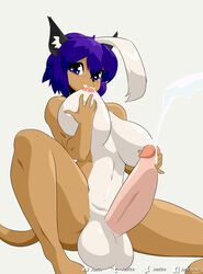 anthro balls blue_eyes blue_hair breasts cum dickgirl hair intersex juzztie lactation penis simple_background white_background