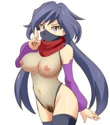 1girls ayame_(gundam_build_divers) bangs big_breasts black_hair breasts elbow_gloves face_mask female female_only fishnet_bodysuit fujisawa_aya functionally_nude gloves gundam gundam_build_divers hairy_pussy highres japanese_clothes large_breasts leotard long_hair looking_at_viewer mask medium_breasts ninja nipples ponytail pubic_hair purple_eyes scarf solo thighhighs tof twintails violet_hair