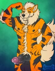 1boy 2015 abs anthro arcanine arm_up armpit_hair armpits belly big_testicles black_fur black_nose black_penis body_writing canine erection fangs flexing green_background half-closed_eyes hand_on_hips humanoid_penis kadohusky knot large_penis large_testicles long_penis male male_only mammal muscular nintendo nipples nude orange_fur penis pokemon pokemon_(species) pokemon_rgby precum pubic_hair smile solo standing stripes teeth testicles text thick_penis veins veiny_penis video_games white_fur yellow_eyes