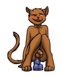 2018 anal anal_sex anthro ass balls blush digital_media_(artwork) dildo dildo_sitting feline fur humanoid_penis male male_only mammal nude open_mouth penetration penis precum sex_toy simple_background solo swizzlestix