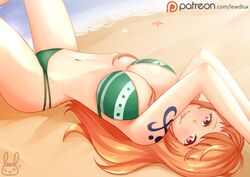 1girls 2018 beach big_breasts bikini breasts cleavage female female_only lewdlux long_hair nami one_piece orange_hair shounen_jump solo solo_female striped_bikini