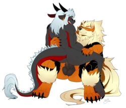 2boys anal anthro arcanine big_ass big_feet big_penis big_testicles black_fur black_nose black_penis black_skin canine chatonbleu claws dragon duo ear_piercing earrings eye_contact furry gay half-closed_eyes hand_on_back hand_on_leg horns interspecies male male_only mammal muscular nintendo nude on_top orange_fur original_character paws penetration penis piercings pokemon pokemon_(species) pokemon_rgby red_eyes red_skin scalie sitting stripes tail thick_thighs video_games white_background white_fur yaoi yellow_eyes