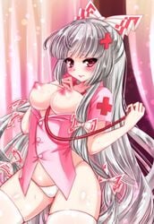 absurdly_long_hair bangs blush bow breasts commentary_request eyebrows_visible_through_hair fujiwara_no_mokou hair_ornament hairbow half_updo highres long_hair looking_at_viewer nipples nurse panties pink_eyes pink_shirt ponytail setsuna_rio shirt sidelocks silver_hair stethoscope sweat thighhighs touhou unbuttoned underwear very_long_hair white_legwear white_panties