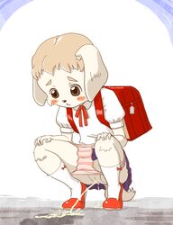 anthro backpack blush canine crouching cute dog embarrassed female kin-shun mammal panties panties_down peeing pussy school_uniform urine white_fur young